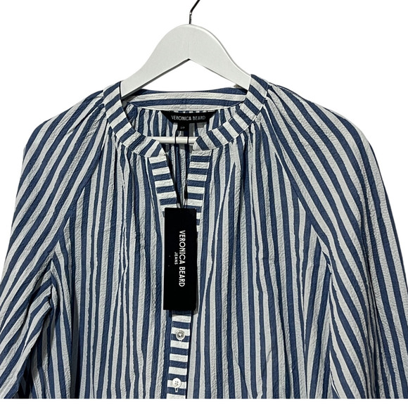 VERONICA BEARD TOP WOMENS MEDIUM JUDITH V-NECK PUFF SLEEVE BLOUSE BLUE WHITE - Picture 6 of 13